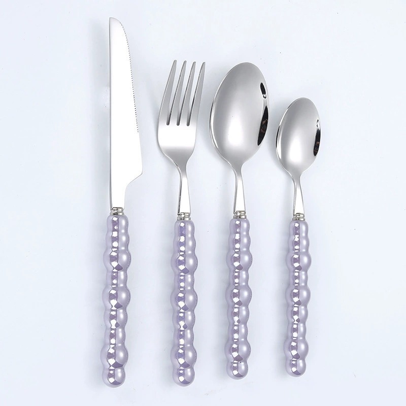 Creative Pearl Texture Stainless Steel Cutlery Set, Macaron Color Series, Premium High-Gloss Tableware, Multi-Purpose Rice Spoons, Knives and Forks - Image 4
