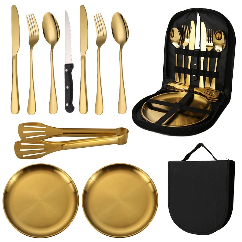 Portable Outdoor Stainless Steel 10-Piece Cutlery Set for Travel & Camping, Grill Plate Food Tongs, Knives, Forks and Spoons - Image 6