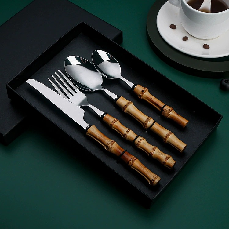 Bamboo Joint Handle Stainless Steel Western Cutlery Gift Set, Steak Knives Forks, Cake & Dessert Spoons - Image 5