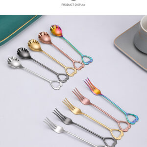 304 Stainless Steel Shell Coffee Dessert Spoon Fork, Creative Fruit Cutlery for Wedding Souvenir Gifts