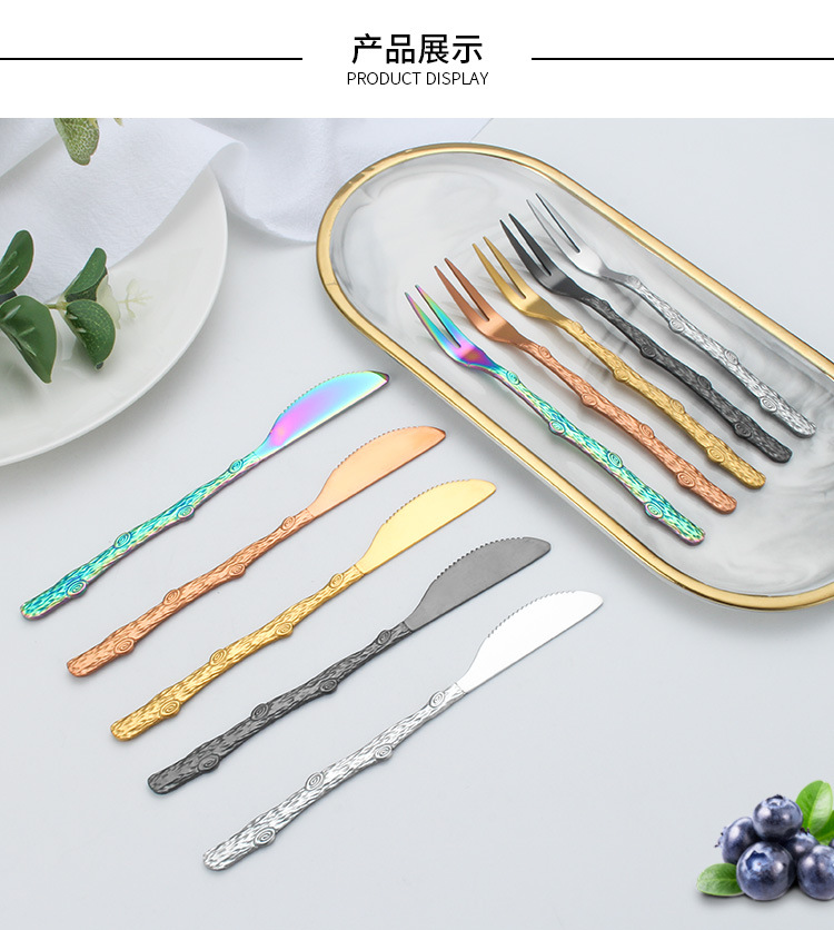Wooden Handle Gold Stainless Steel Mooncake Knife Fork, 2 Prong Fruit Dessert Fork - Image 9