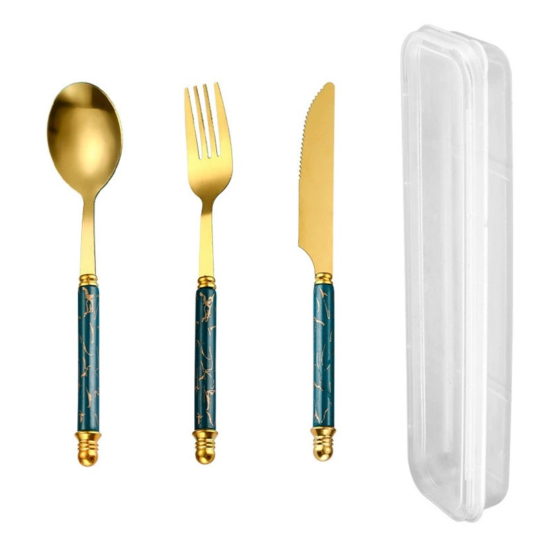 Stainless Steel Cutlery Set with Marble Grain Handles, Popular Gold 4-Piece Western Tableware, Steak Knives Forks Spoons - Image 4