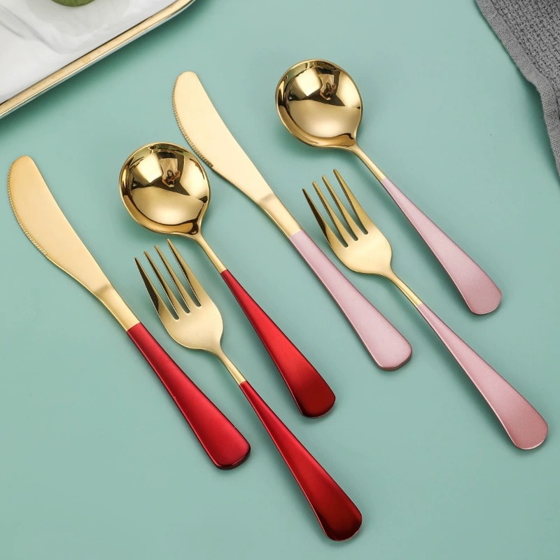 304 Stainless Steel Viral Round Spoon Set, Titanium Gold Coated Dessert Soup Knife Fork Spoon