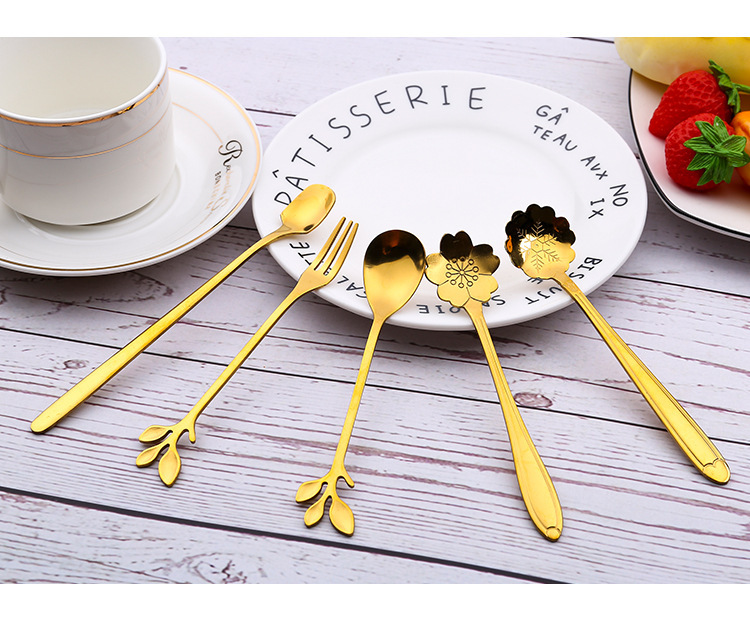 Creative Leaf Stainless Steel Long Handle Spoon Fork, Japanese Viral Coffee Ice Cream Dessert Stirring Spoon - Image 5