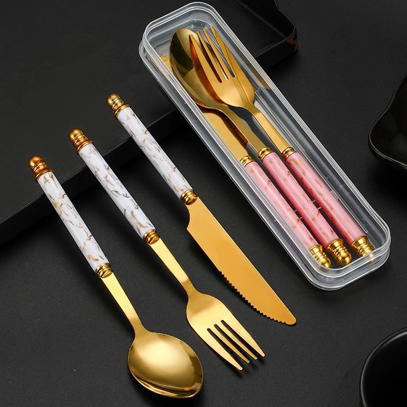 Stainless Steel Cutlery Set with Marble Grain Handles, Popular Gold 4-Piece Western Tableware, Steak Knives Forks Spoons - Image 2