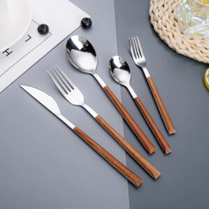 Custom 5-Piece 304 Stainless Steel Cutlery Set, Premium Wood Effect Handle Western Steak Knives, Forks and Spoons