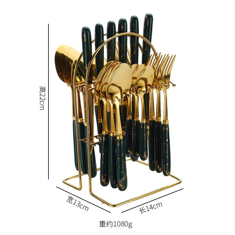 New Arrival 24 Pcs Stainless Steel Cutlery Set In Stock, Gold Plated Ceramic Handle Knives Forks Spoons With Storage Rack Gift Box Set - Image 6