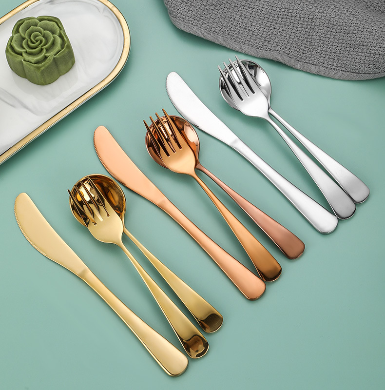 304 Stainless Steel Viral Round Spoon Set, Titanium Gold Coated Dessert Soup Knife Fork Spoon - Image 9
