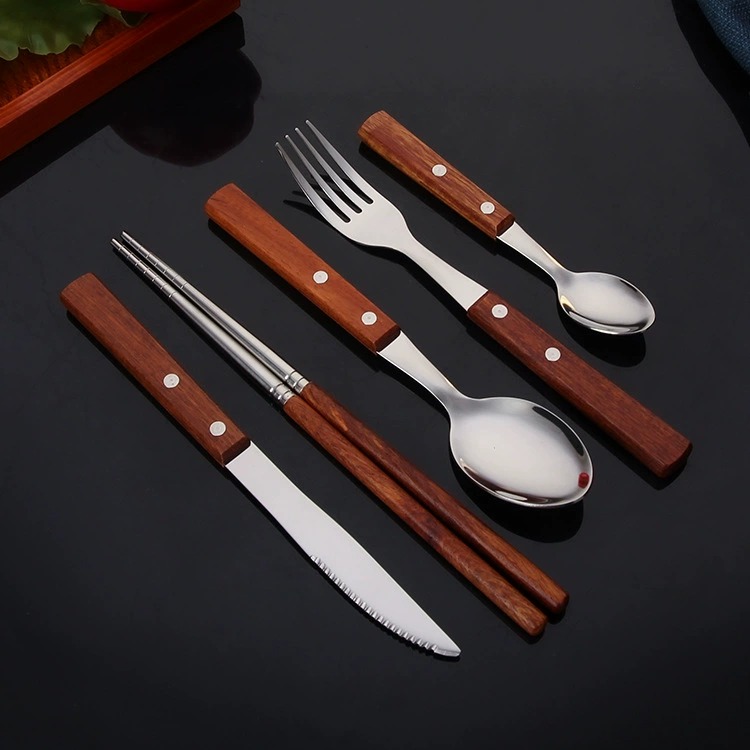 304 Stainless Steel Cutlery Set With Rosewood Handles, Western Hotel Tableware, Steak Knives, Forks, Chopsticks & Dessert Spoons - Image 3