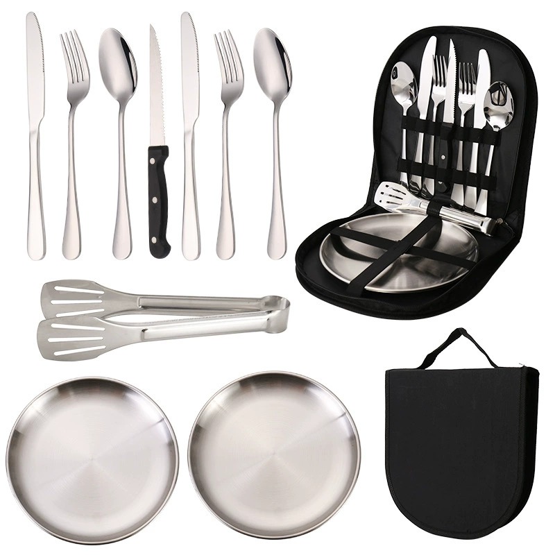 Portable Outdoor Stainless Steel 10-Piece Cutlery Set for Travel & Camping, Grill Plate Food Tongs, Knives, Forks and Spoons - Image 5