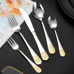 Vintage Gold Plated Stainless Steel Cutlery Set, Western Steak Knives, Forks and Spoons for Hotel Use