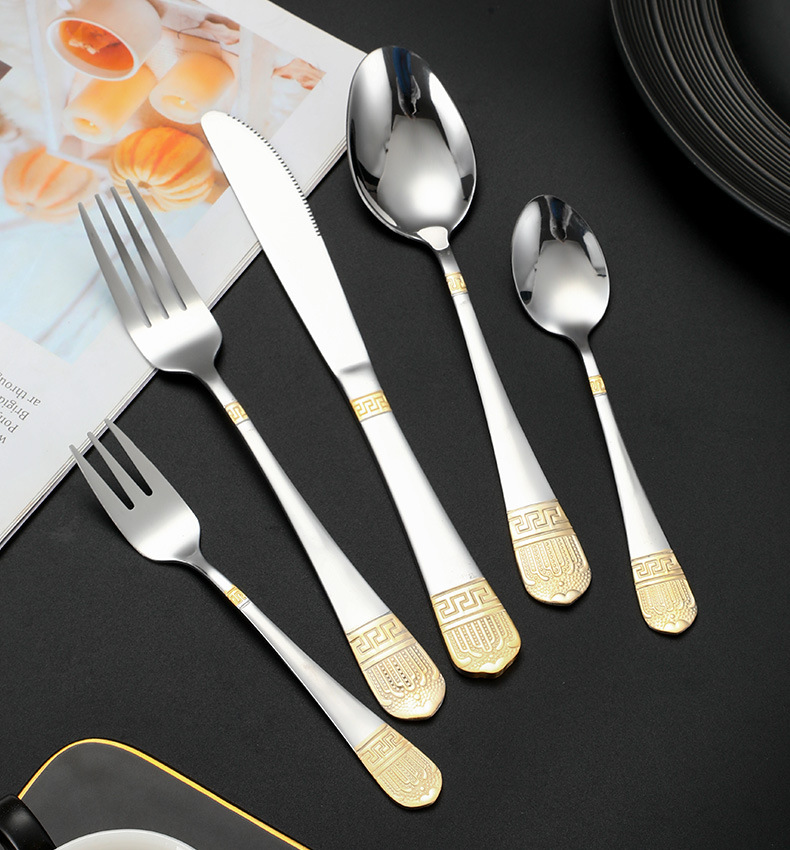 Vintage Gold Plated Stainless Steel Cutlery Set, Western Steak Knives, Forks and Spoons for Hotel Use
