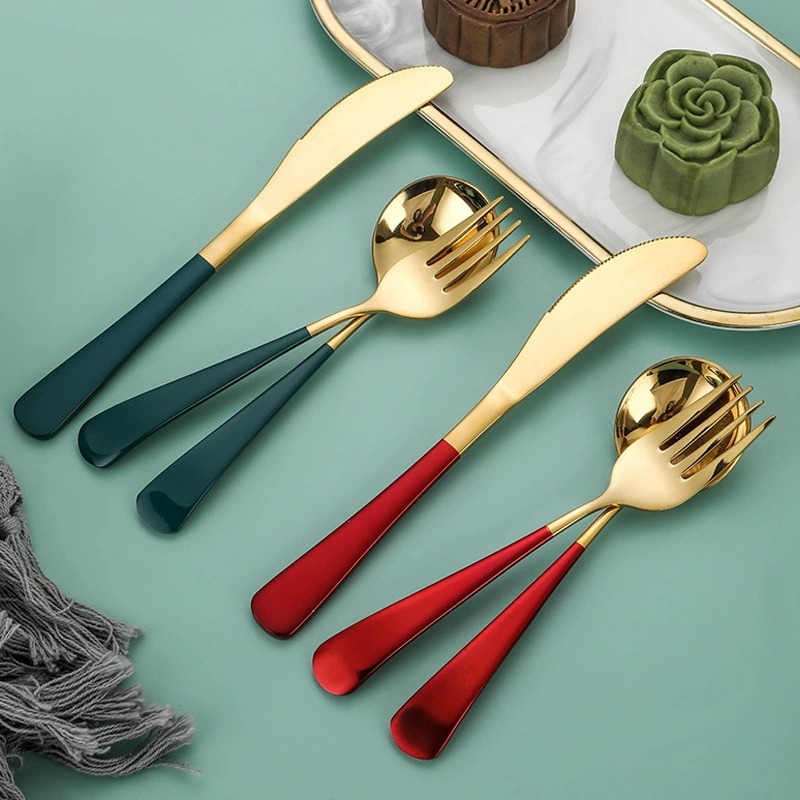 304 Stainless Steel Viral Round Spoon Set, Titanium Gold Coated Dessert Soup Knife Fork Spoon - Image 2