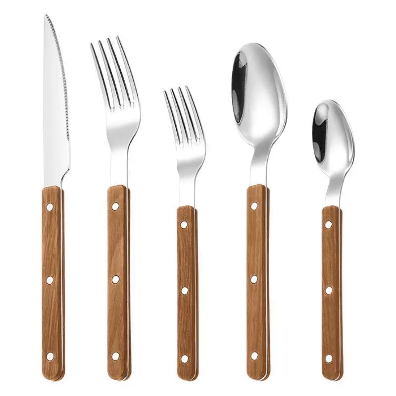430 Stainless Steel Tableware with ABS Wood Grain Grip Handles, Elegant French Style Cutlery Set, Spoons, Forks, Dessert Spoons & Butter Knives - Image 4