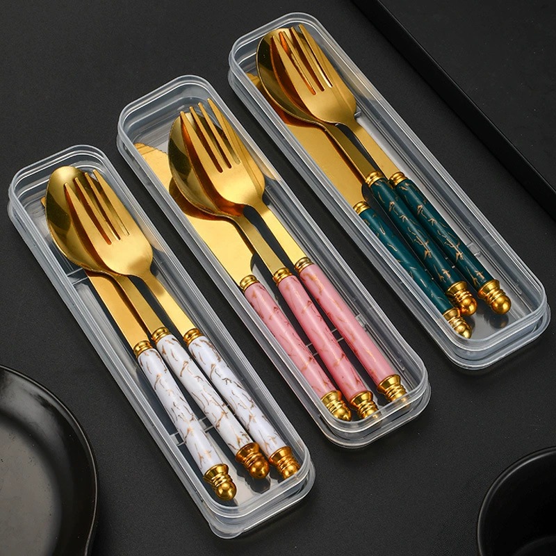 Stainless Steel Cutlery Set with Marble Grain Handles, Popular Gold 4-Piece Western Tableware, Steak Knives Forks Spoons - Image 3