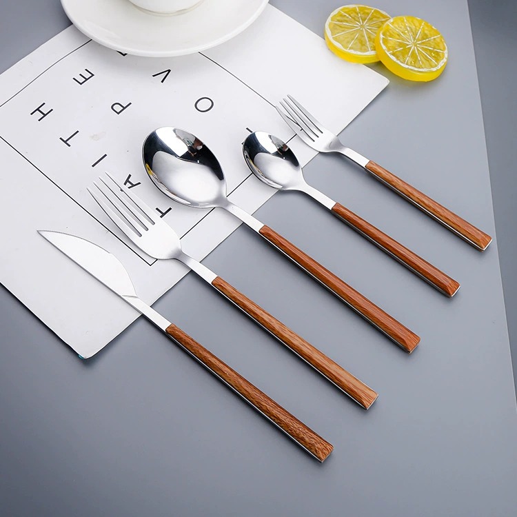 Custom 5-Piece 304 Stainless Steel Cutlery Set, Premium Wood Effect Handle Western Steak Knives, Forks and Spoons - Image 2
