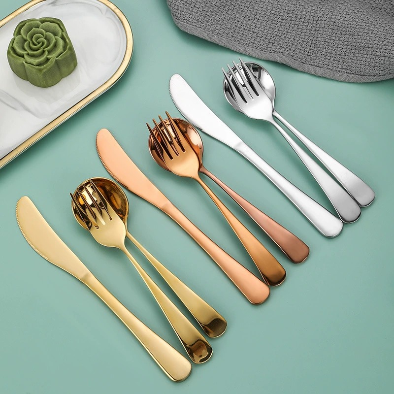 304 Stainless Steel Viral Round Spoon Set, Titanium Gold Coated Dessert Soup Knife Fork Spoon - Image 3